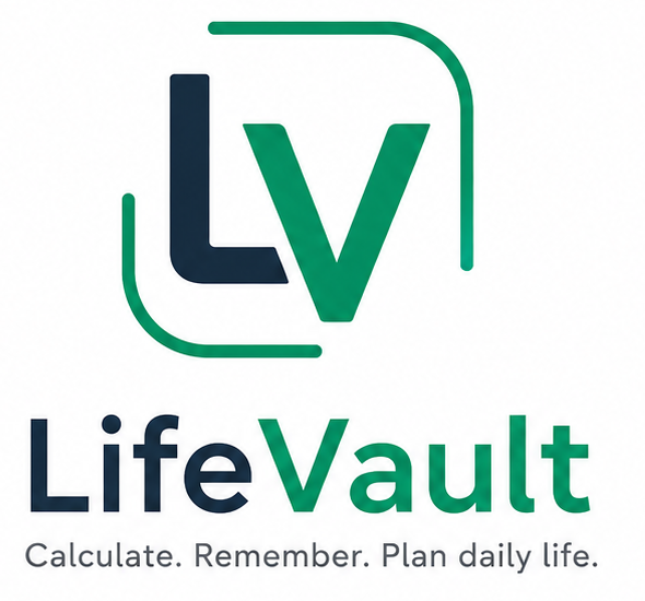 LifeVault logo with the tagline Calculate. Remember. Plan daily life.